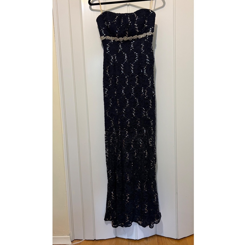 My Michelle Navy Blue Lace Sequin Strapless Maxi Dress with Rhinestone Waist‎